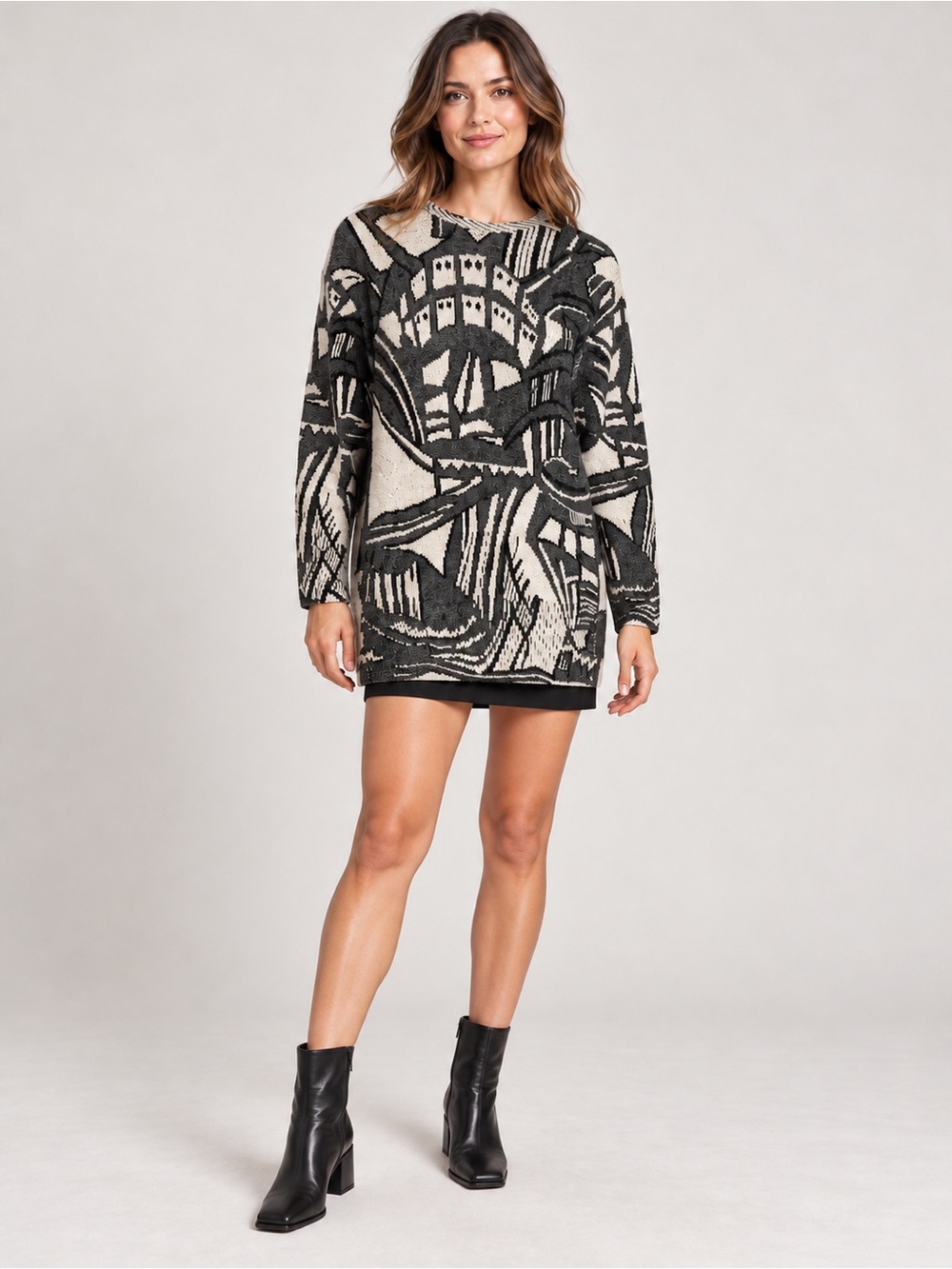Marc Cain Wool Blend Abstract Jacquard Longline Sweater Size small